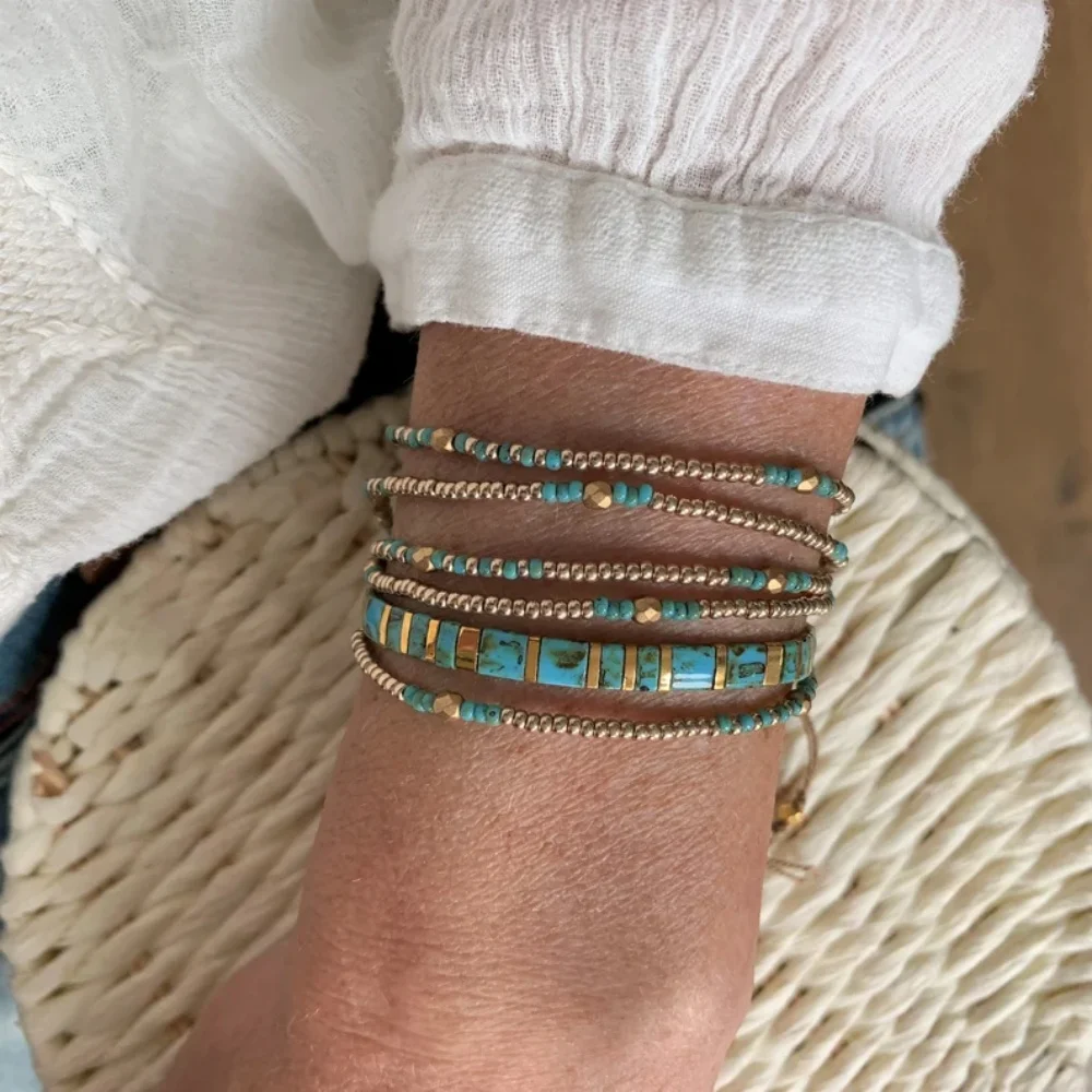 2PCS Boho Tile Beaded Bracelet Set for Women Handmade Turquoise Square Beads Adjustable Rope Jewelry Summer Beach Gift Wholesale