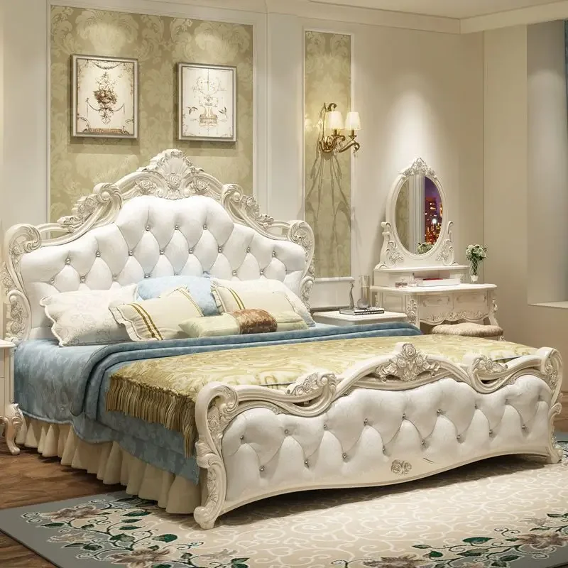 

Modern simple solid wood princess bed, simple European double bed, pink leather wedding bed, master bedroom furniture
