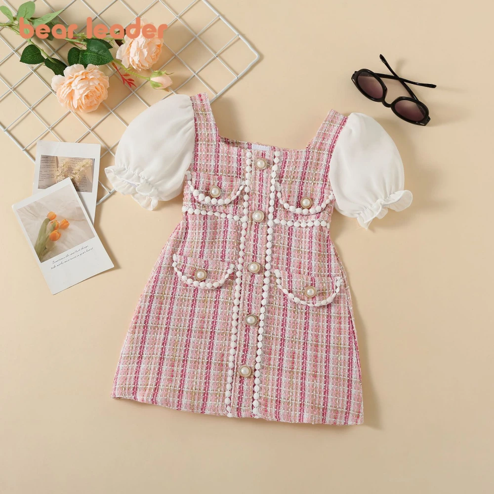 Bear Leader 2024 Summer Korean Style Little Fragrant Girl Set Pink Coarse Mesh Pearl Buckle Decorative Bubble Sleeve Skirt