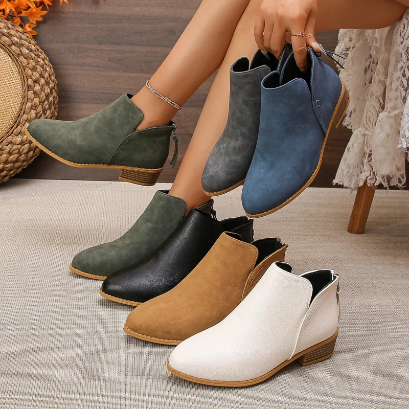 

Plus Size Leather Boots for Women Solid Color Slimming Pointed Toe Back Zipper Casual Thick Sole Chunky Heel Fashion Boots