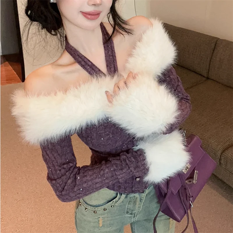 

Color Block Fur Patchwork Slash Neck Slim Purple T Shirt Fall Winter Chic Off Shoulder Long Sleeve Top Halter Bottoming Shirt