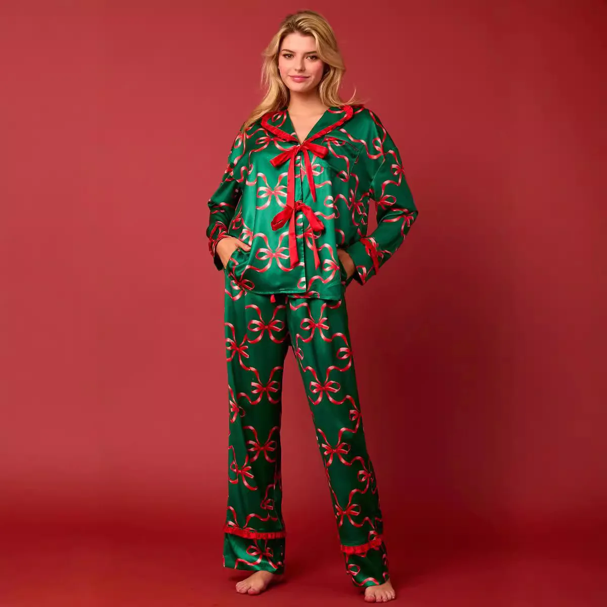 

BKLD Autumn And Winter New Women Clothing Fashion Christmas Printed Pajamas Two Piece Sets Bow Tie Long Sleeve Tops Pant Sets
