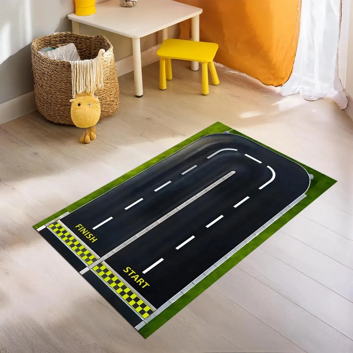 Kids Race Track Rug ,Kids Car Play Mat, Green Race Track Rug,Start Line, Racetrack Rug,Kids Room Rug,Racing Car Decor Floor Mat