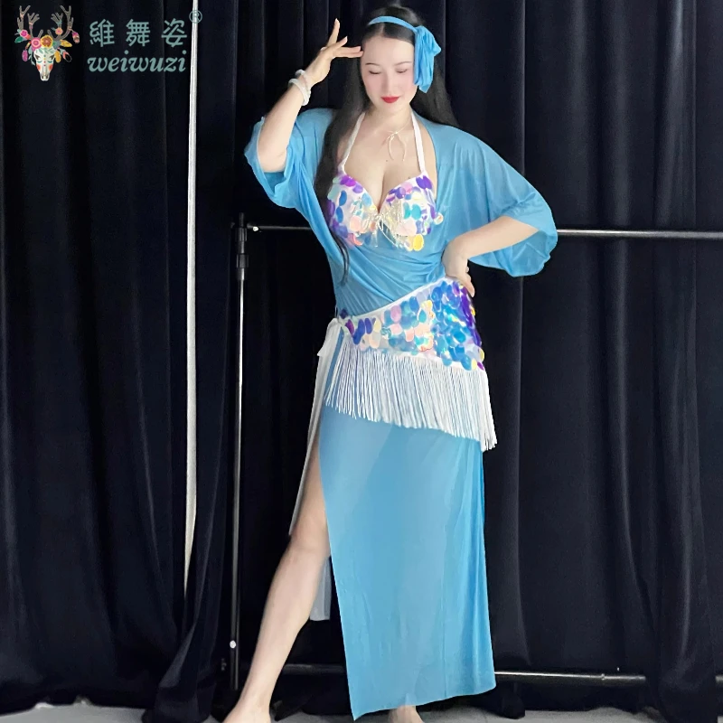BellyDance Performance Costume for Women Sequin Elegant Robe+Bra+Headscarf+Mermaid Hip Scarf 4pcs Balady Saidi Competition Robes