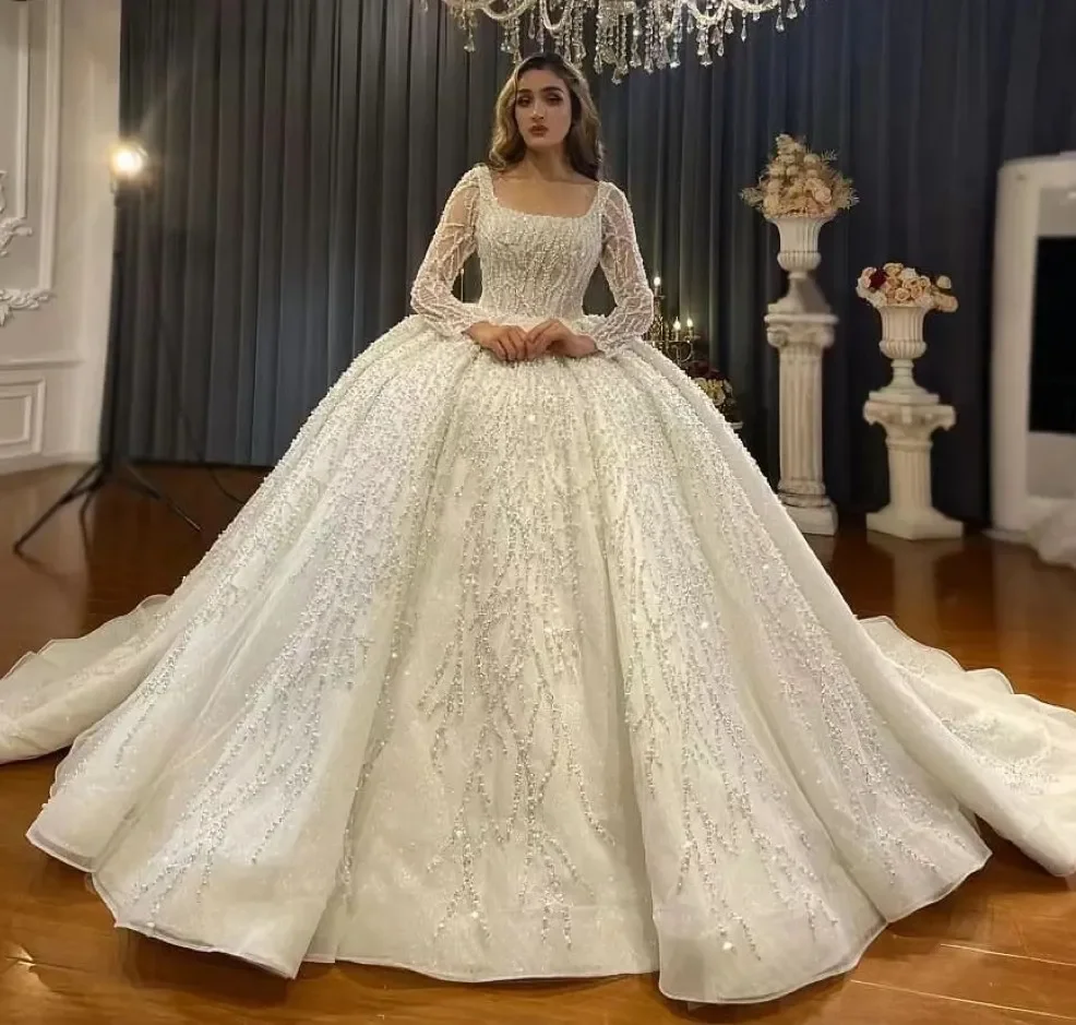Customized Glitter Puffy Arabic Dubai Wedding Dress Square Neck Long Sleeves Crystal Beads Appliqued Lace Women Bridal Gowns