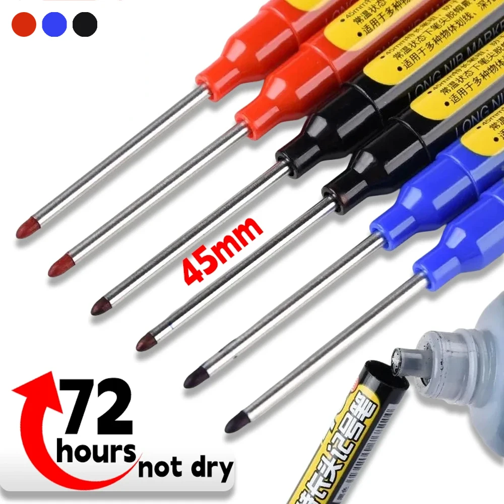 Recambio de tinta, rotuladores de cabeza de punta larga con agujero profundo de 45mm, bolígrafo de carpintero negro/azul/rojo para medir herramientas manuales de carpintería