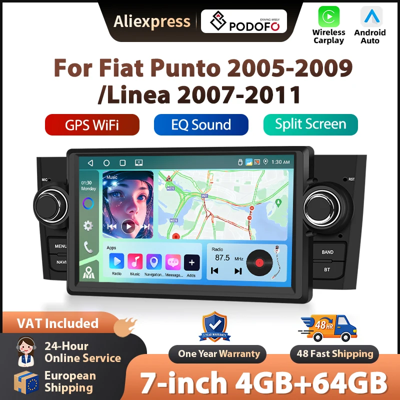 Autoradio Podofo 7'' Wireless CarPlay per FIAT Punto 2005-2009/Linea 2007-2011, stereo Android con GPS, FM/RDS, Bluetooth ed equalizzatore.