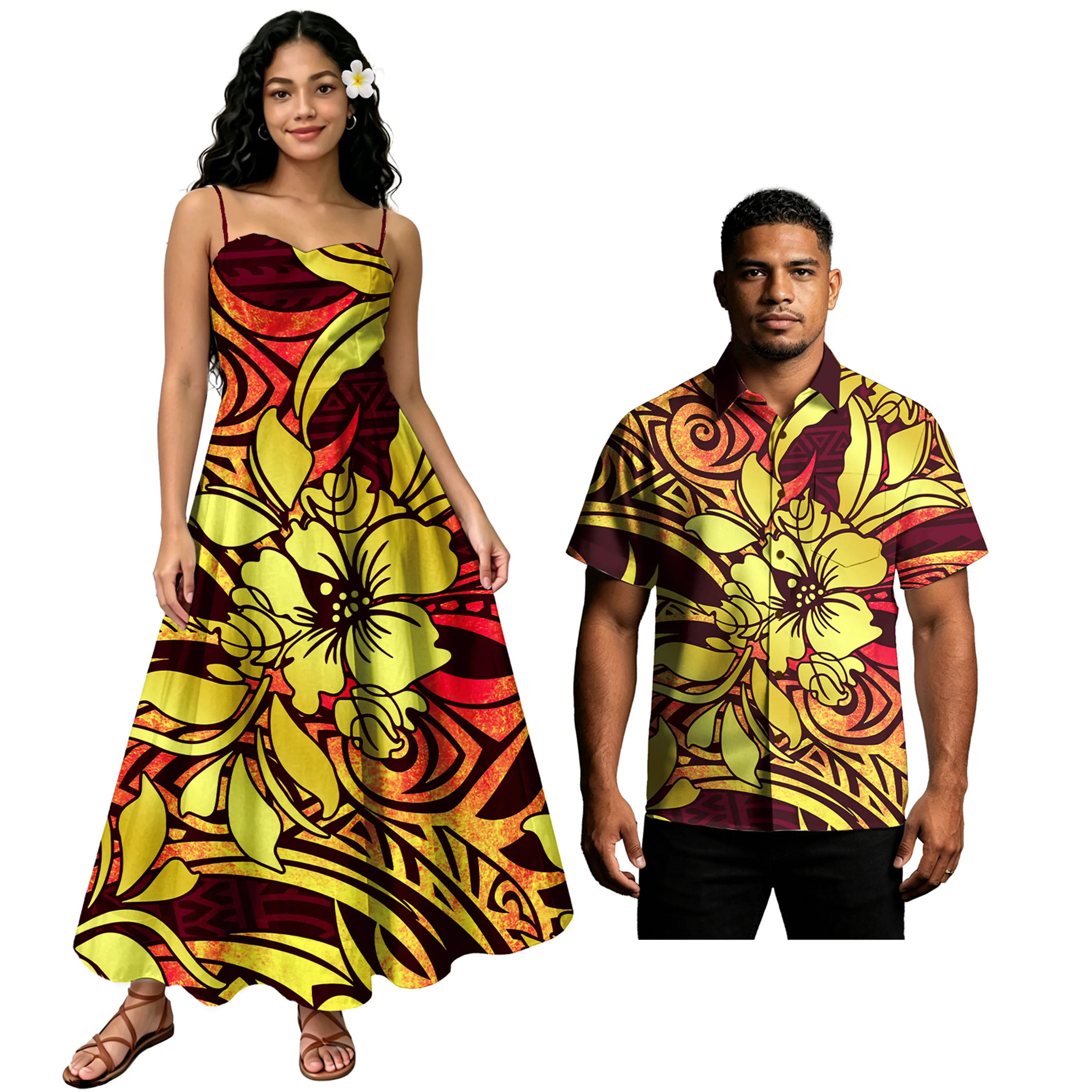 Camisas Aloha de Diseño Casual Samoano para Hombre, Vestido Hawaiano con Estampado Floral del Pacífico para Mujer, Vestido Largo Festivo, Conjuntos para Pareja