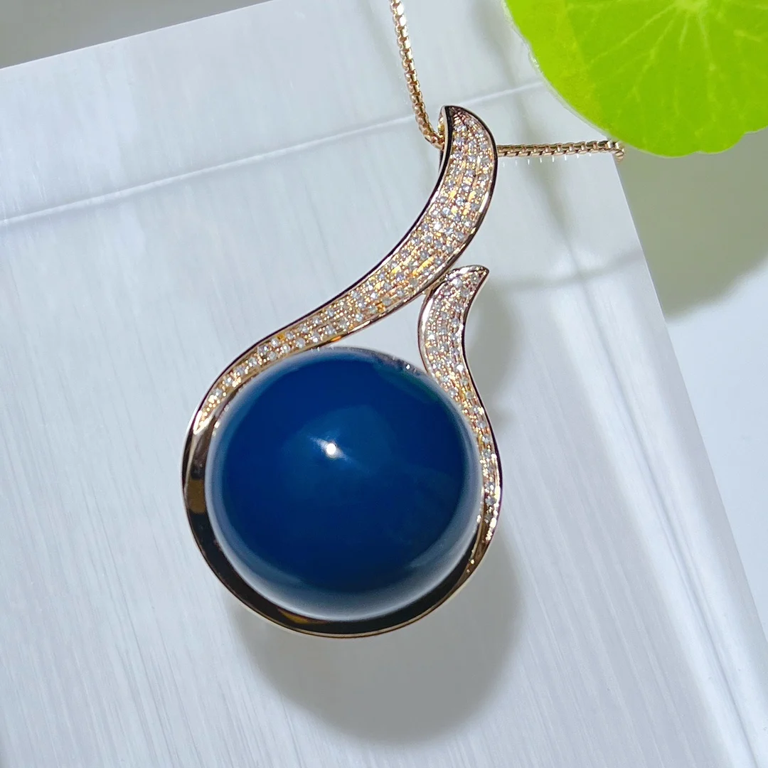 Natural Mexican Blue Amber Pendant 30mm round Bead with Flame Design Sterling Silver Luxury Jewelry Gift for Women