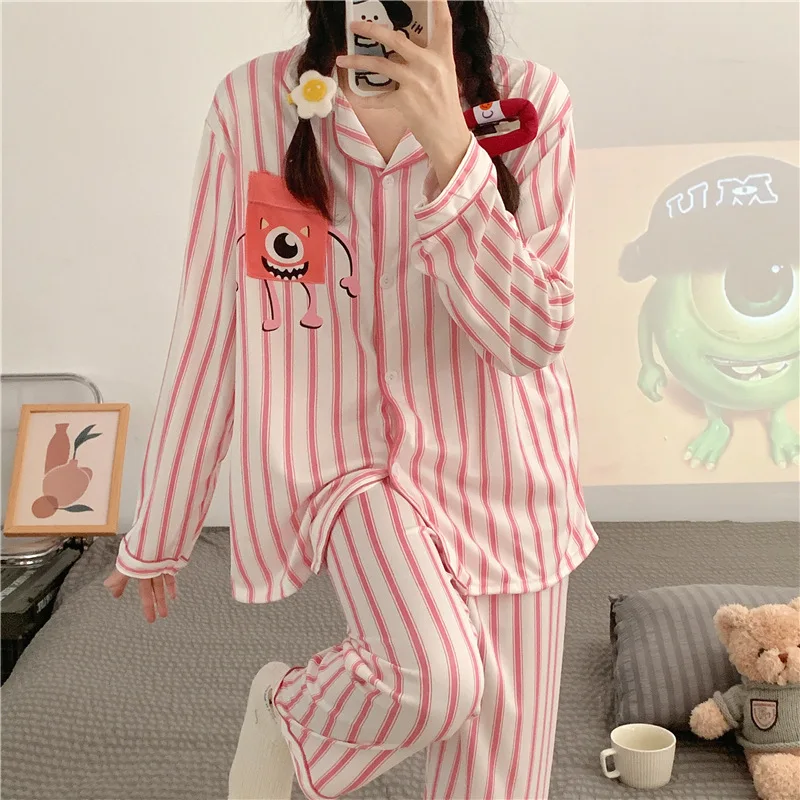 New Korean Women Homewear Peach Yellow Plaid Long-sleeved Long Pants Pajamas Women\'s Autumn Cute Milk Silk Pit Stripes Homewear