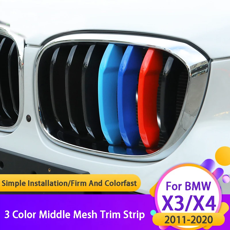 3Pcs Tricolor ABS Front Grill Trim Strip Car Front Grid Cover Net Decoration Stickers For BMW X3 X4 F25 F26 G01 G02 2011-2020