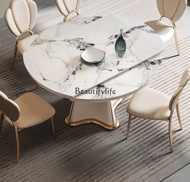 

Light luxury rock slab dining table Italian telescopic rotating round simple light luxury high-end