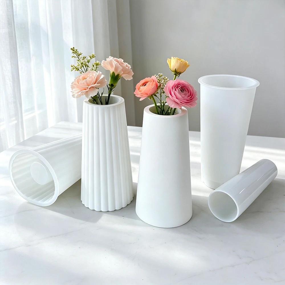 New Large Striped Smooth Tall Vase Silicone Mold DIY Crystal Resin Flower Arrangements Cylindrical Plaster Pencil Holder Mould