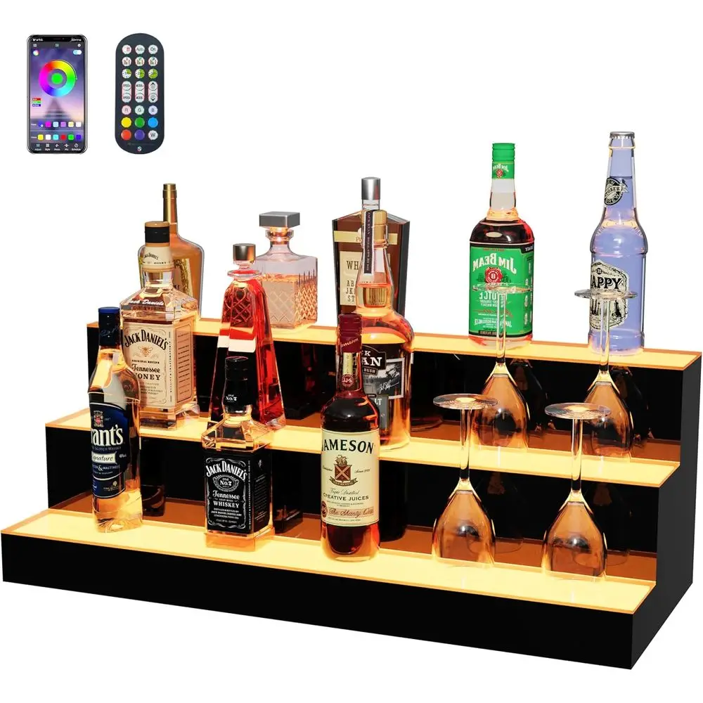 

MESAlLUP 30 Inch 3 Tier Lighted Liquor Bottle Display Shel, LED Bar Shelves with APP or Remote Control, Mulit Color Lighting or