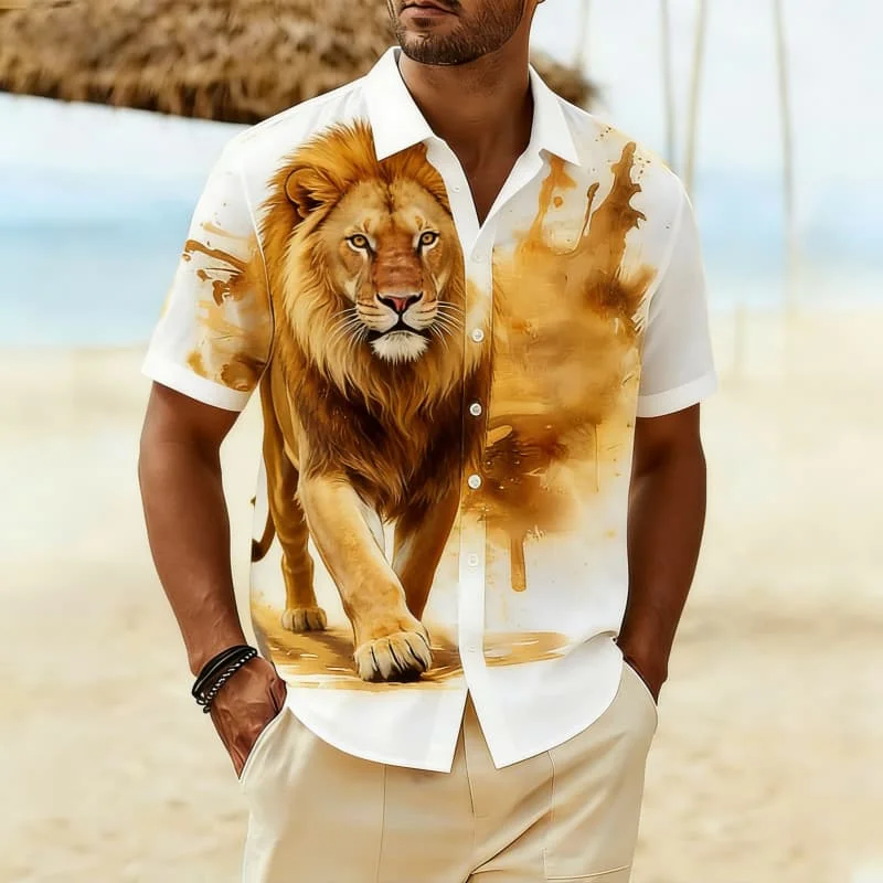 

Men's Casual Stylish Watercolor Wild Animal Print Short Sleeve Shirt Casual Fashion For Daily Wear And Summer Outings