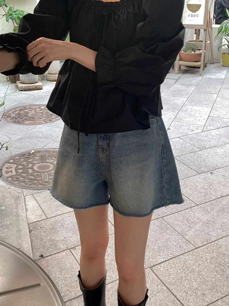 orts Vaqueros Retro de Cintura Alta y Pierna Ancha, Estilo Vintage do, con Parches Deilachados, Versátiles, Estilo Ve...