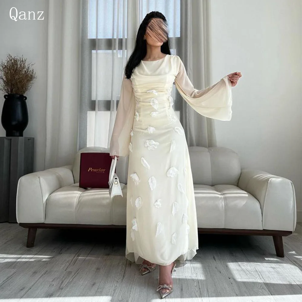 

Qanz Chiffon Evening Dresses Vestidos Para Eventos Especiales Saudi Arabia Wedding Party Gowns Pretty Flowers Robe De Soirée