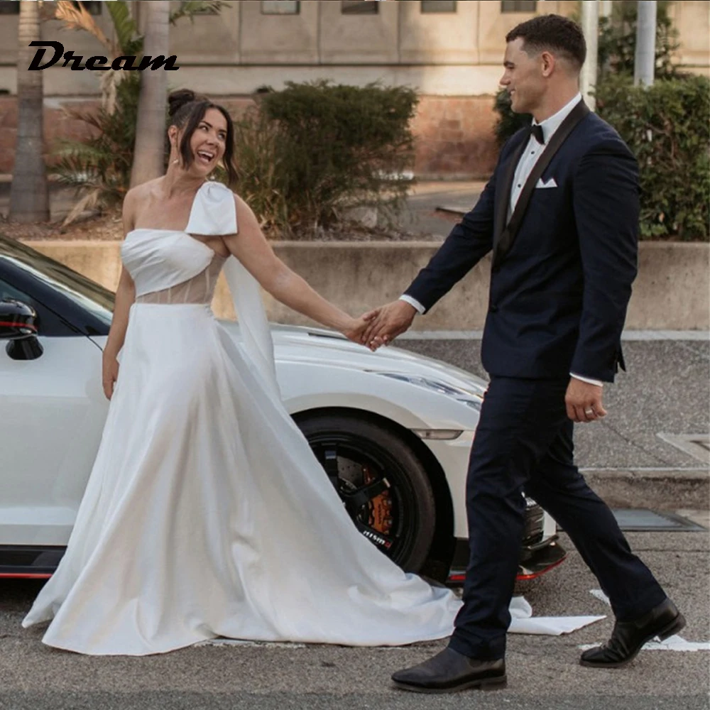 DREAM-vestidos De novia largos De satén personalizados, un hombro, sexys, sin espalda, corte en A, hueso De pescado, bata De novia 2025