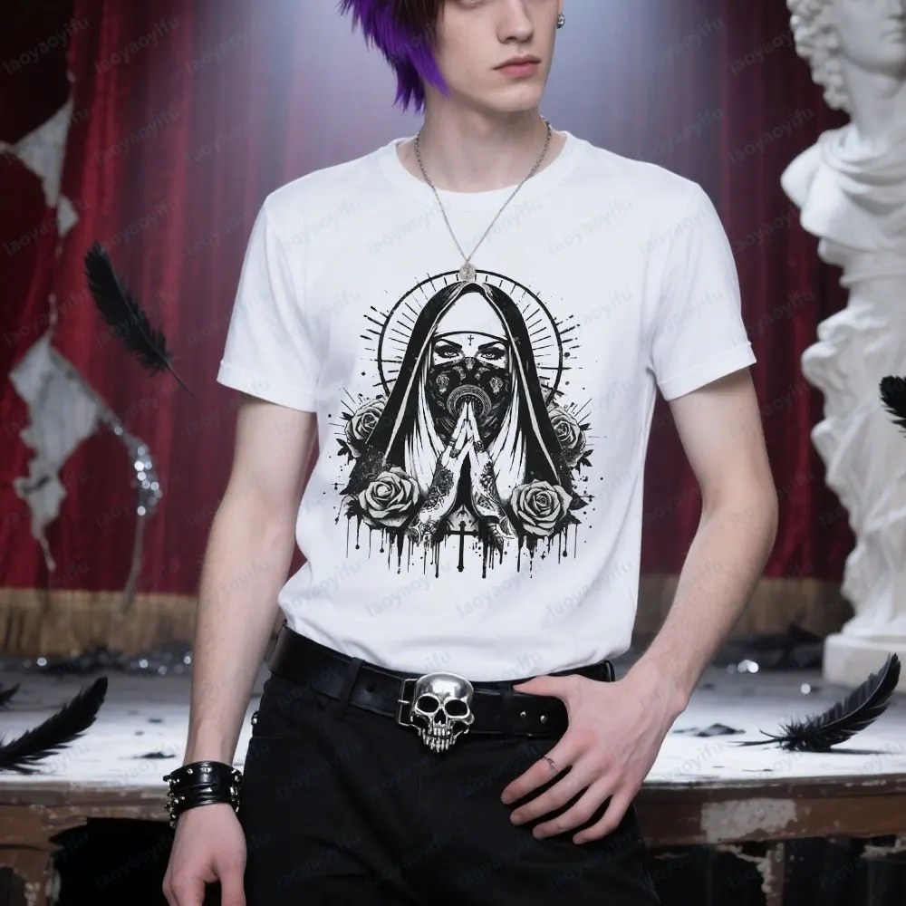 Camiseta con máscara de Gas Unholy Nun, camiseta de diseño creativo de Halo Divino y rosa, camiseta de Halloween para hombres y mujeres, ropa de calle gótica oscura Akihabara
