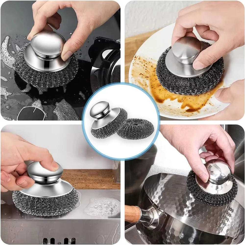 Edelstahl Topfbürste mit Griff robuste Metalldrahtkugel Reiniger Hochleistungs Reinigungswerkzeug für Geschirrspülung langlebig für Hausküche entfernt angebrannte Rückstände an Töpfen Pfannen Küchenutensilien vielseiti – Detail 21