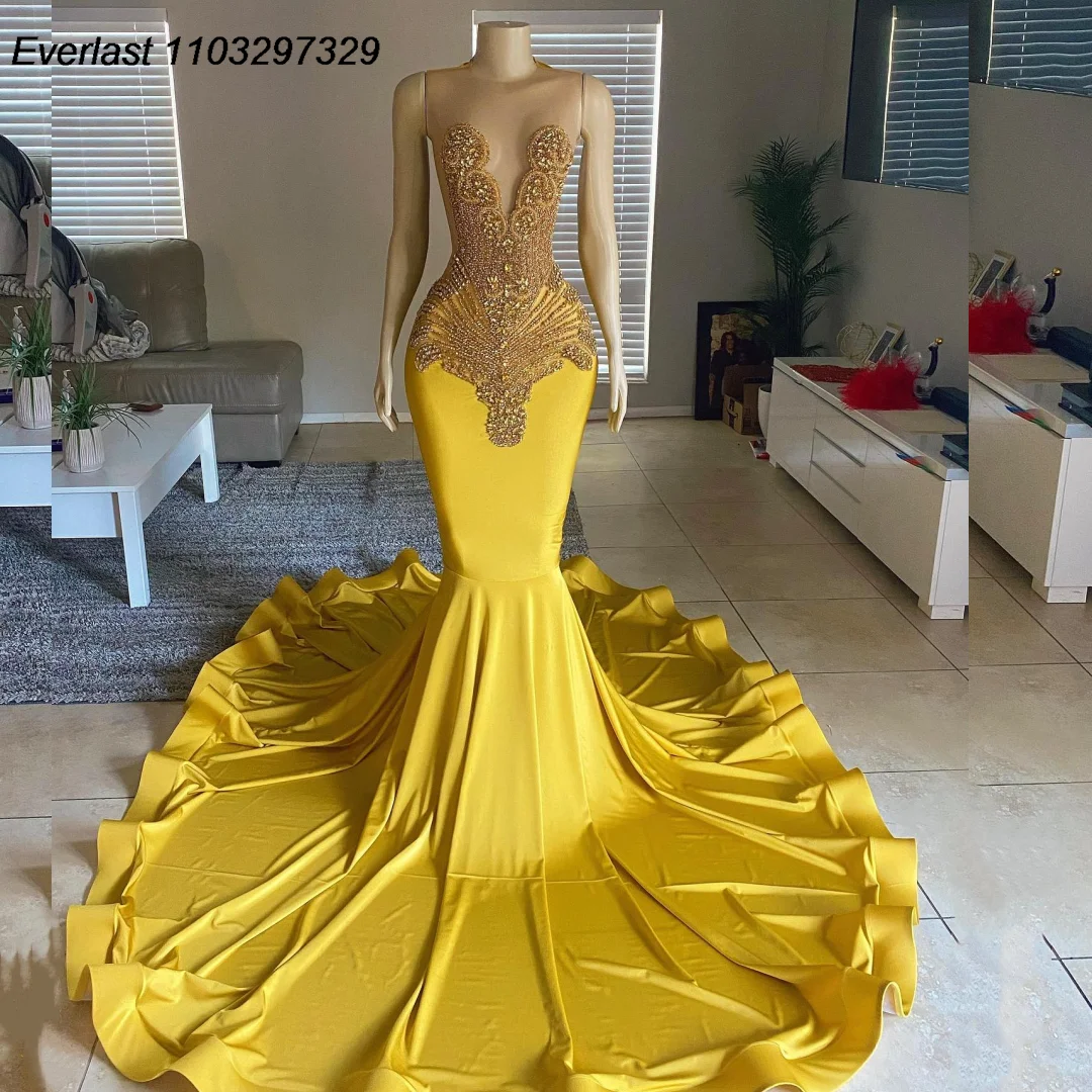 

EVLAST Customized Gold Rhinestone Velvet Mermiad Prom Dress For Black Girls Diamonds Beaded Evening Party Gala Gown TPD105