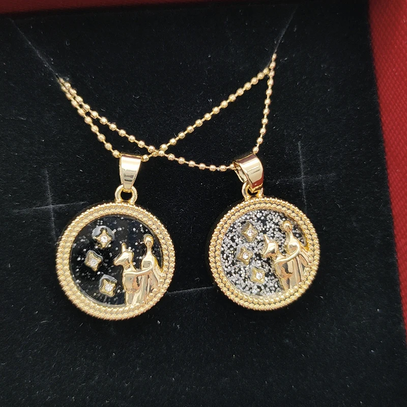 2 PC/SET Golden 12 Zodiac Signs Pendant Necklace Round White and Black Crystal Fragments Libra Virgo Necklace Zodiac Sign Unisex