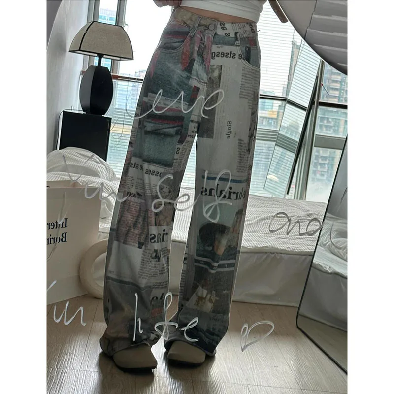 

High Street Sgirls Print straight Jeans Women's Snew Lslim High Waist Wide Legs Comfortable Zipper Mopping Pants