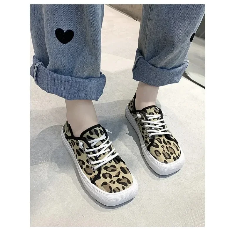 2023 Platform Canvas Shoes for Women  New Square Toe Laces Korean Sneakers Plaid Leopard Print Student Single-Layer Shoes