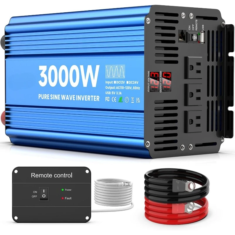 

Pure Sine Wave Power Inverter 12V DC to 110V 120V Converter for Home, RV and Off-Grid Solar Systems with 3 AC Outlets,