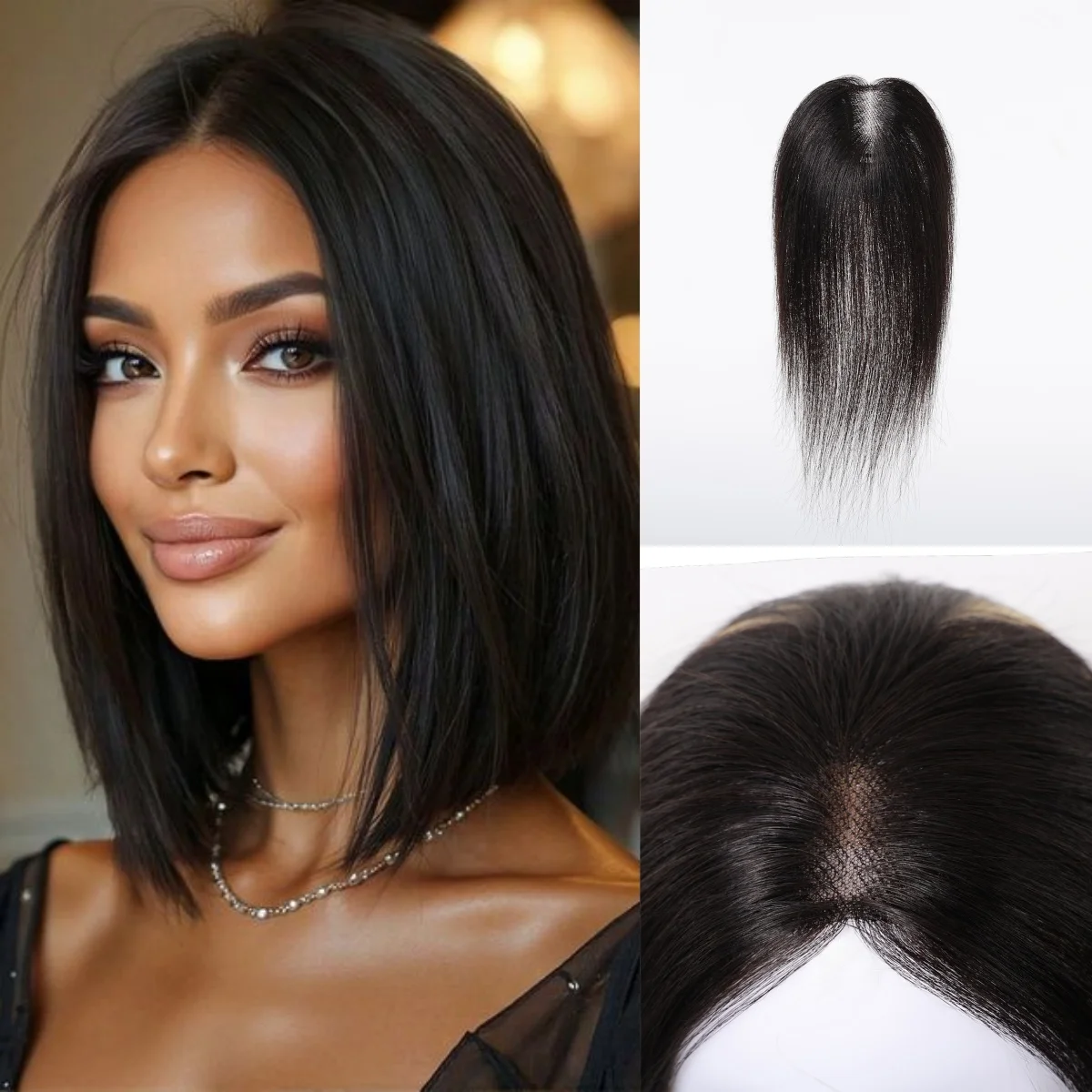 100% Remy Human Hair Topper Black Clip in Hair Extension Middle Part Straight Hair Pieces for Women Daily Use Thin Hair 10 inch