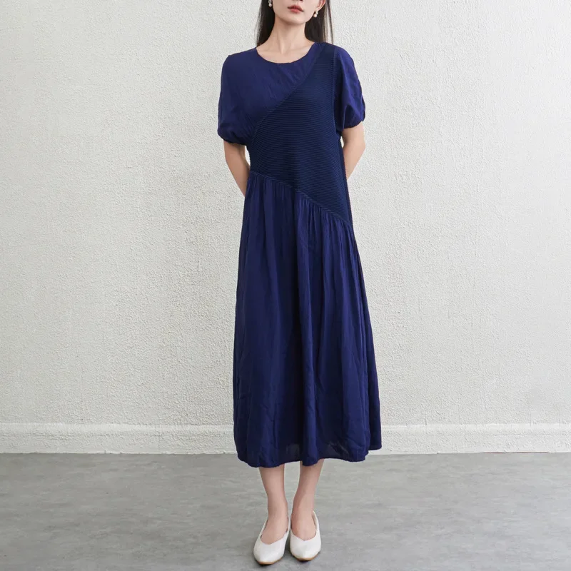 

Miyake модный дизайн лоскутное плиссированное платье, новинка лета 2025, женская повседневная универсальная юбка трапециевидной формы с круглым вырезом и короткими рукавами