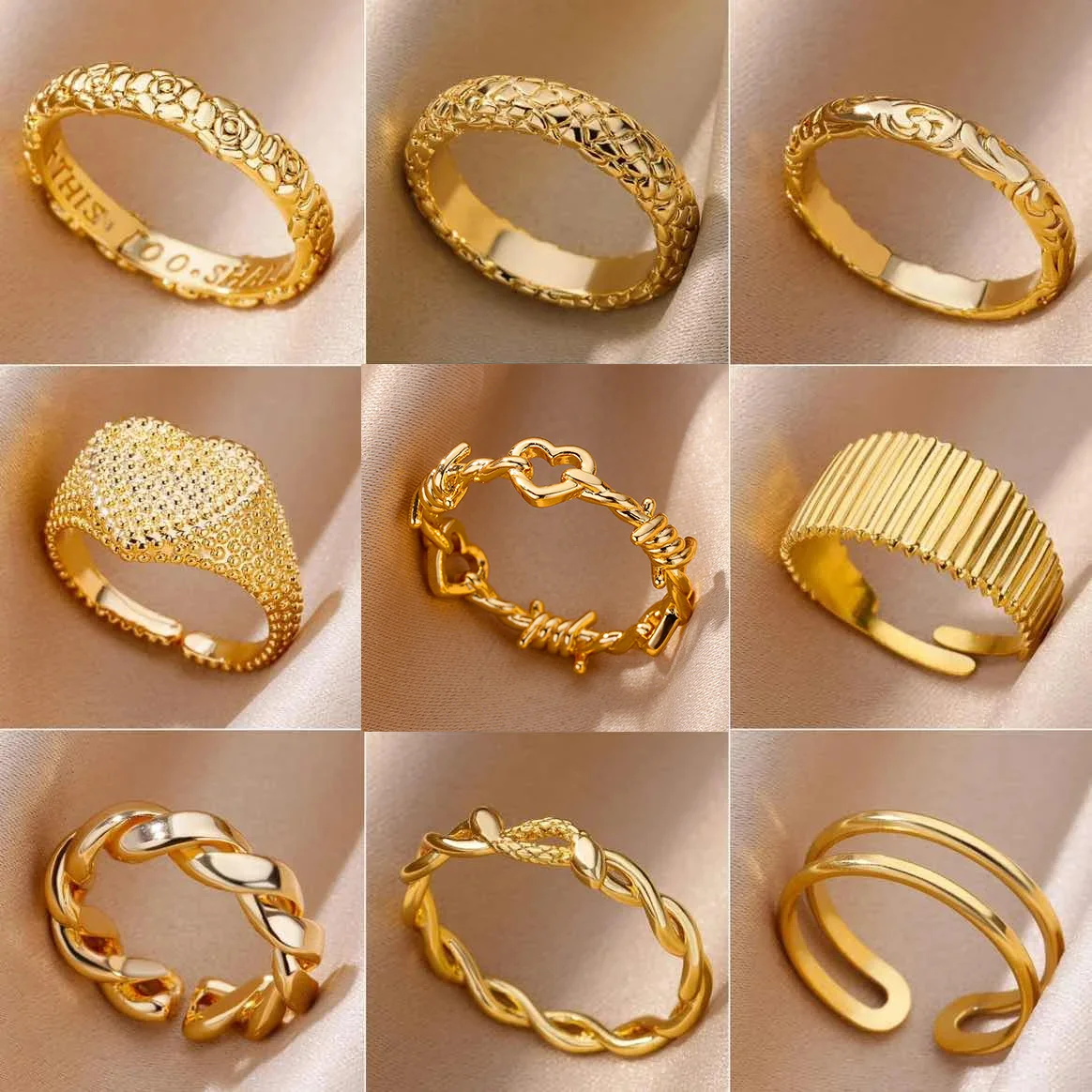 Stainless Steel Minimalist Rings For Women Gold Color Vintage Geometric Texture Ring Wedding Christmas Jewelry inoxidable anillo