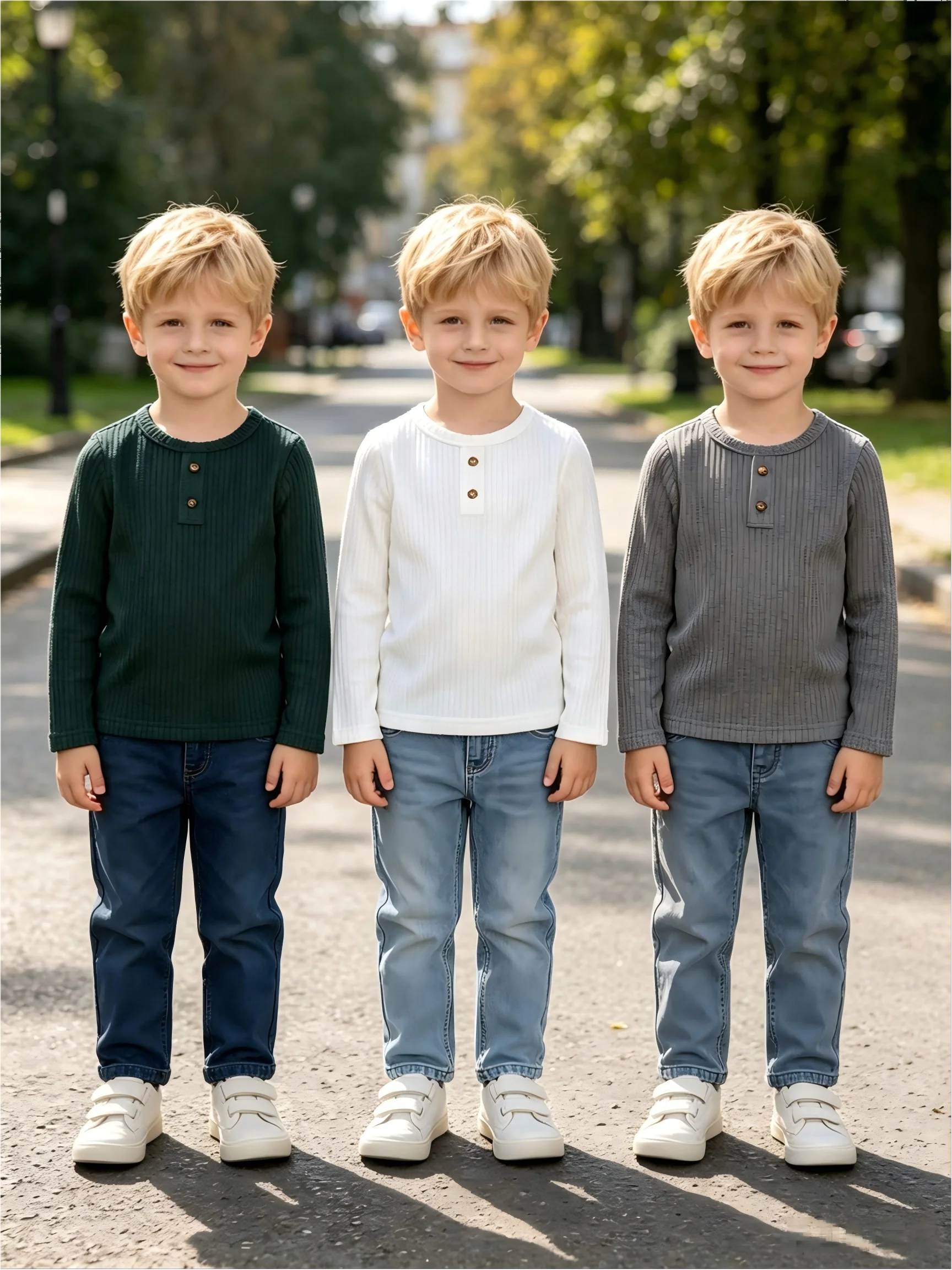 3PCS Boys Autumn Winter Overhead Base Shirt Button Decorated Casual Versatile Top for Middle-aged Children