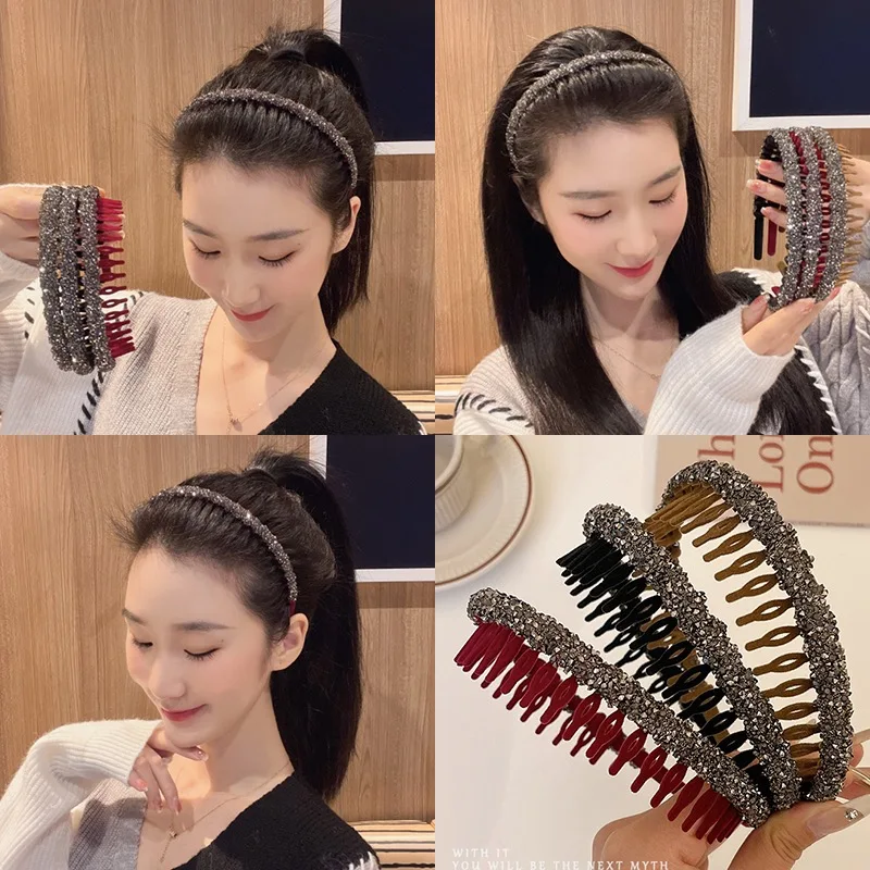 Retro Women Hair Hoop Flocking Rhinestone Hairband With Tooth Hair Band  Bezel Girl Headband Fashion Headdress Hair Accessories