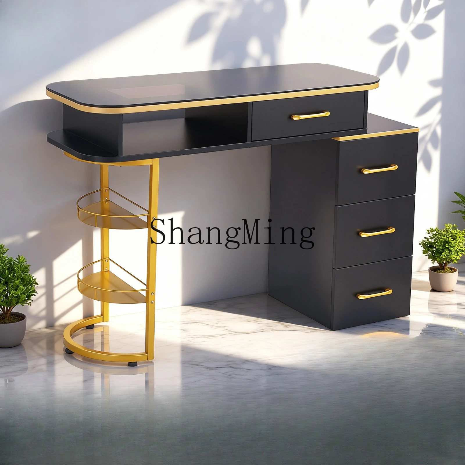 Mesa para uñas FG de vidrio marrón con 12 compartimentos de almacenamiento, color dorado y negro, de lujo y ligero