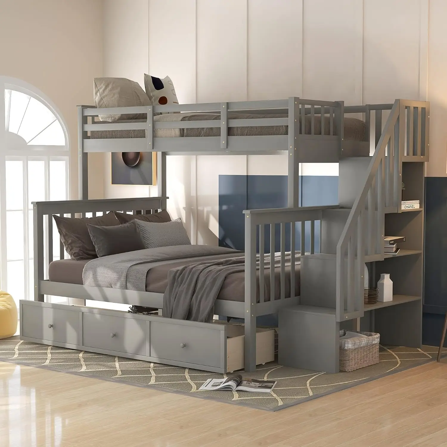 Twin Over Full Bunk Bed with Stairs and Storage Drawers, Hardwood Stairway Bunk for Kids Teens Adults, Bedroom, Dorm （Gray