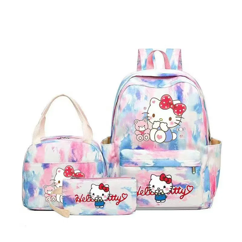 3 pçs/set olá kitty impressão estudante menino menina mochila colorida com saco de almoço crianças adolescente dos desenhos animados escola bookba