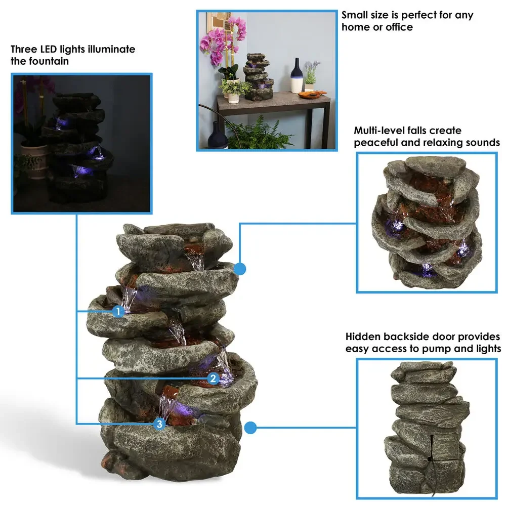 Air Mancur Dalam Ruangan 6 Tingkat Stone Falls Polyresin dengan LED - 15 inci