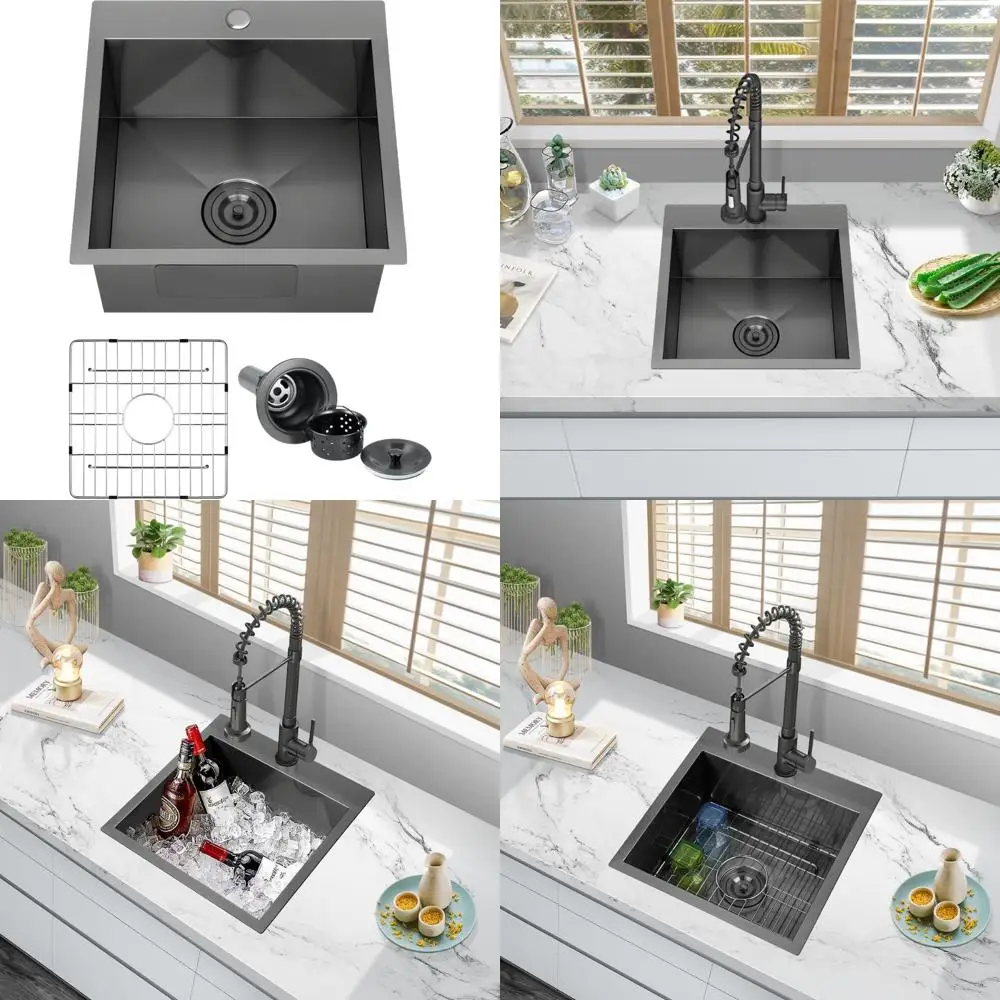 

Handcrafted Black Matte Stainless Steel Topmount Kitchen Sink, 18 x 18 x 9, Single Bowl, Small Space, Nano Black Finish