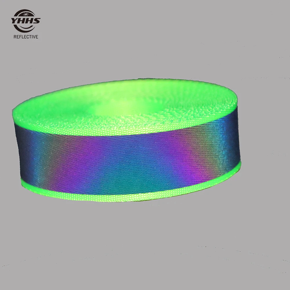 Cinta de nailon verde fluorescente, cinta reflectante de arcoíris de 2,5 cm para coser en ropa, accesorios de ropa, bolsas, 5 metros, cinturón para mascotas