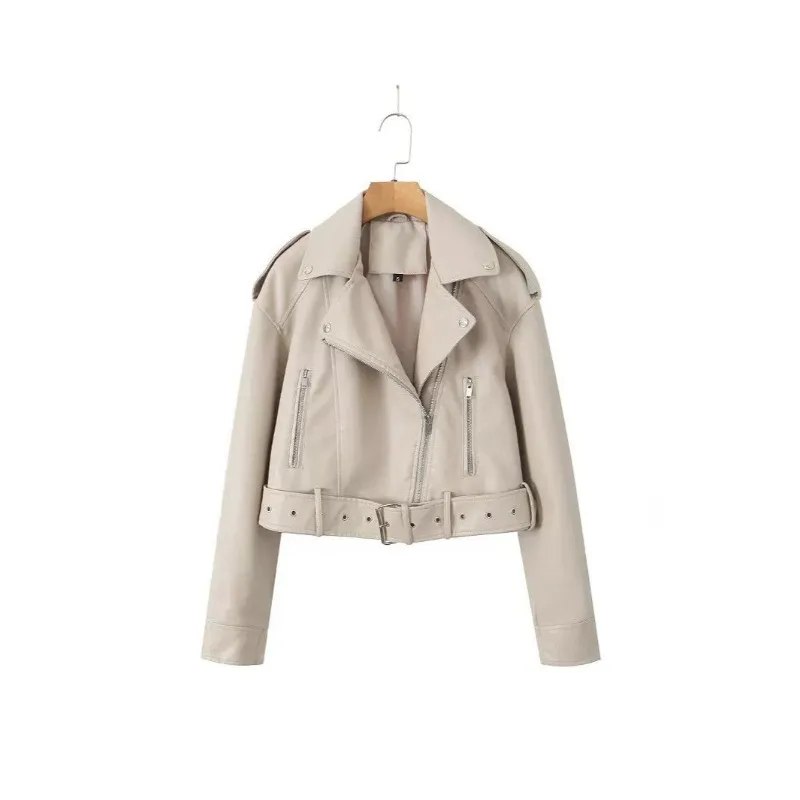Spring New in Coats Jackets Women Faux PU Leather Jacket High Street Motorcycle Coat Casual Lady Lapel Zipper Short White Jacket