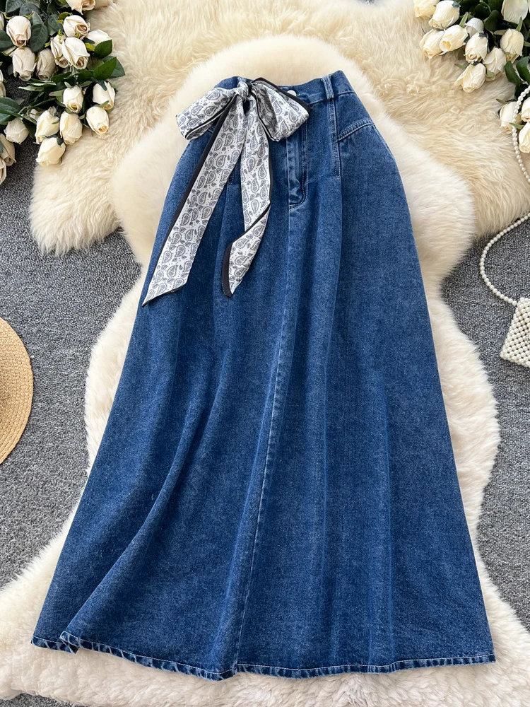 Korean Retro Artistic Scarf Denim Skirt for Women in Spring Sweet Fashionable Simple High Waisted A-line Long Skirt B01