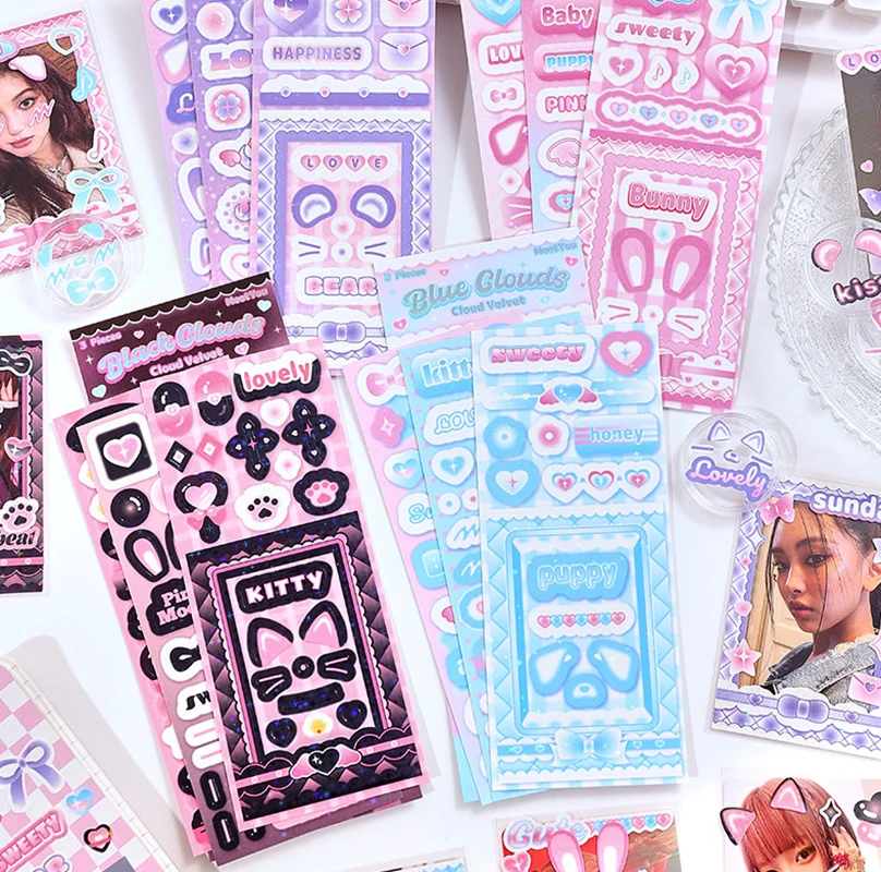 3pc/Pack Cute Cartoon Rabbit Ear Powder Blusher Pet Korean Kpop Idol Photo Card Decorative Stickers DIY Photocard Album Stickers