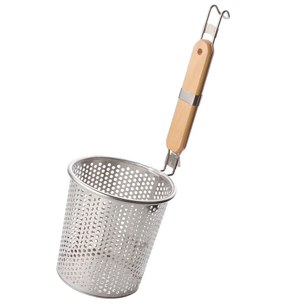 

Stainless Steel Strainer 14cm Wooden Handle Lightweight Mesh Spider for Pasta Dumpling Noodle Safe Food Prep