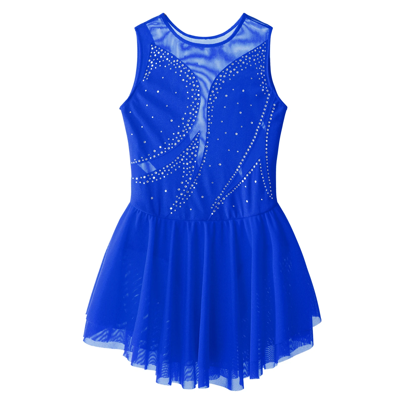 Children Girls Figure Skating Performance Dance Dress Ballet Gymnastics Leotard Tutu Sleeveless Shiny Rhinestone Mesh Dancewear