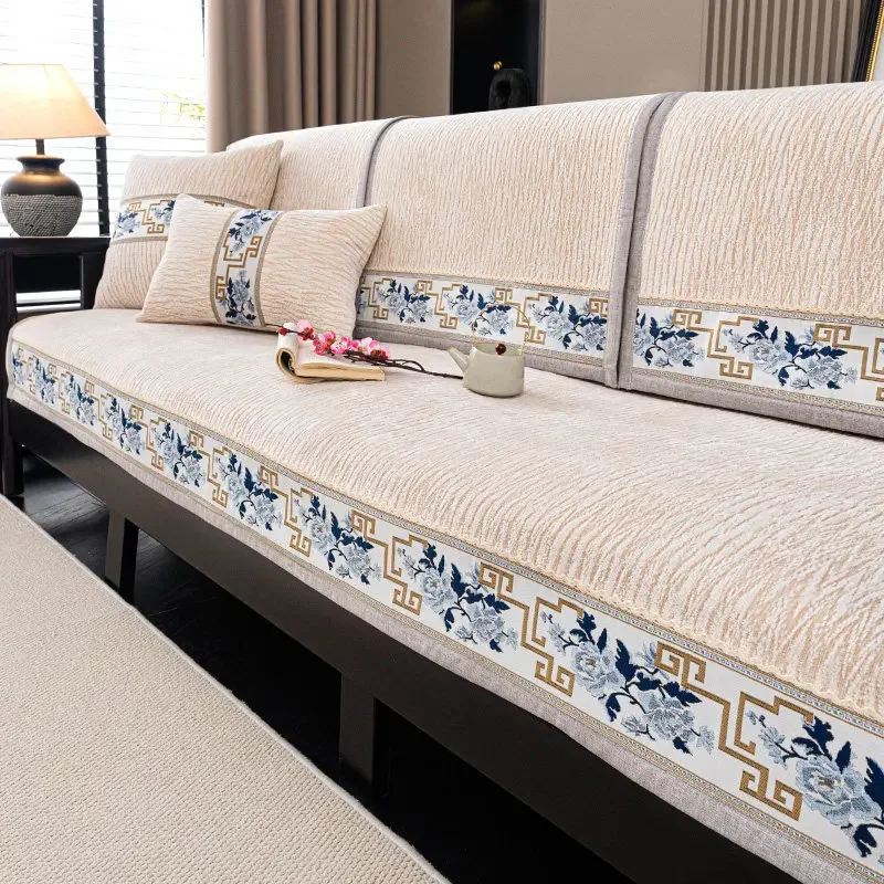 Oriental New Chinese Style Sofa Cushion Cover Chenille Jacquard 4 Season Universal Solid Wood Home Decor Non-Slip Sofa Slipcover