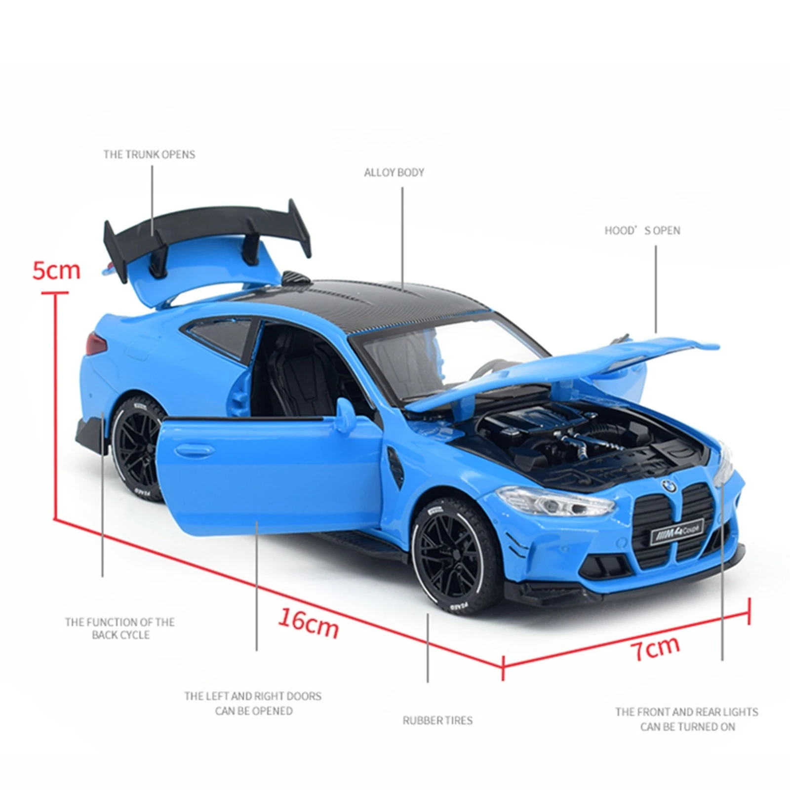 รถสปอร์ตบีเอ็มดับเบิลยู เอ็ม4 คูเป้ รุ่นหล่อขึ้นรูปโลหะผสม อัตราส่วน 1:32 พร้อมเสียงและไฟ มีระบบดึงหลัง ของเล่นสะสมสุดฮิต เหมาะสำหรับเด็กผู้ชาย เป็นของขวัญ