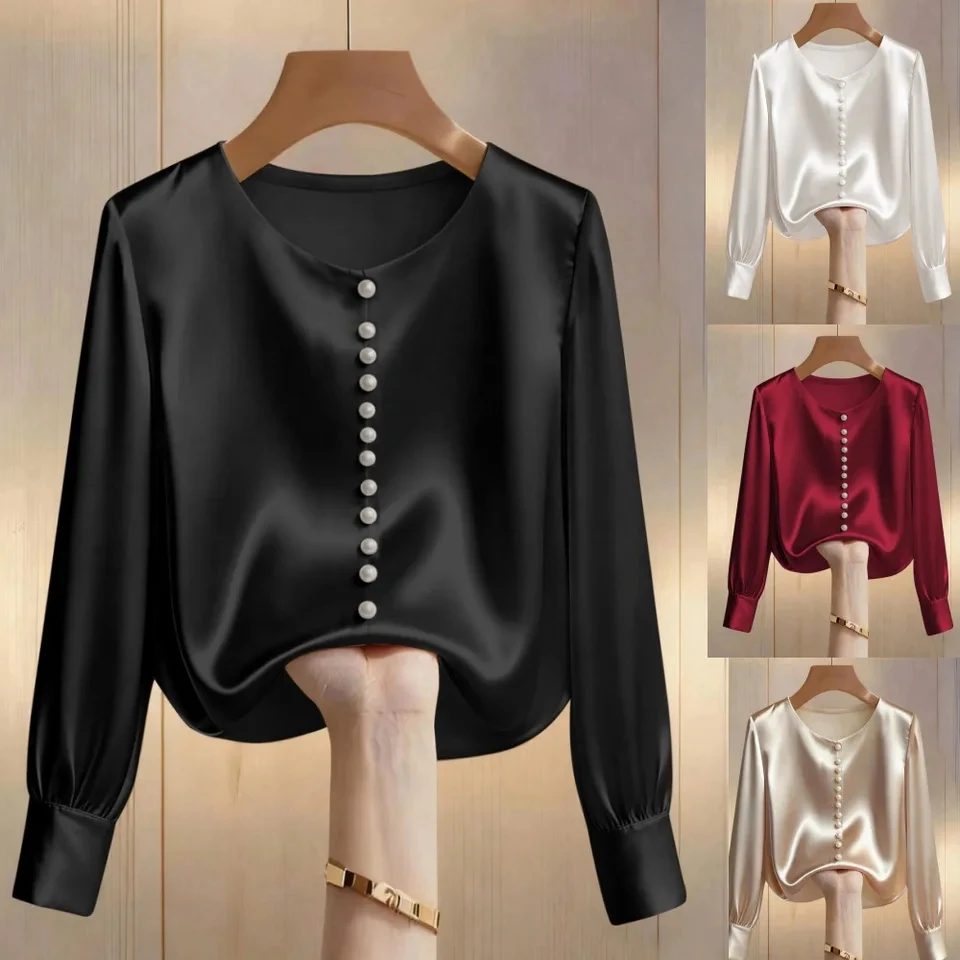 

2026 New Satin Beading Long Sleeve Round Neck Top T Shirt Women Fashion Solid Color Elegant Temperament Short Crop Shirt