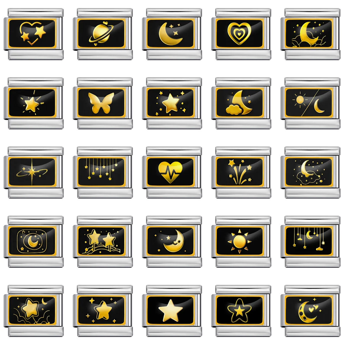 Black Background Golden Star Moon Sun Picture DIY Charm fit Italian Splicing Stainless Steel Bracelet Handmade Module Accessory