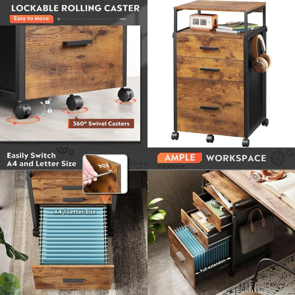 

Rustic Brown Mobile Wood 3-Drawer File Cabinet with Adjustable Shelves for Home Office, 15.7x17.7x40.3